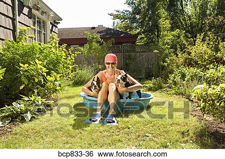 Woman sitting between two Boston Terriers in a wading pool View Large Photo Image Stock Photograph - Woman sitting between two Boston Terriers in a wading pool. Fotosearch