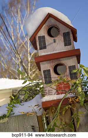 Picture - Bird house perched on a fence during winter. Fotosearch