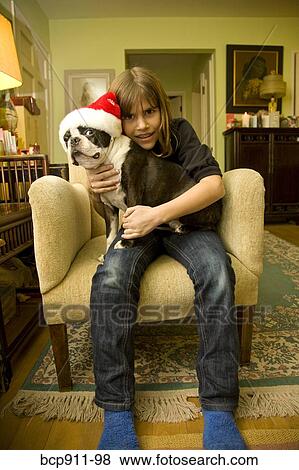 Girl at home holding Boston Terrier dog View Large Photo Image Stock Photo - Girl at home holding Boston Terrier dog. Fotosearch