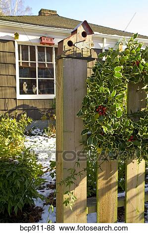 Stock Photo - Single story house with several bird houses during winter. Fotosearch