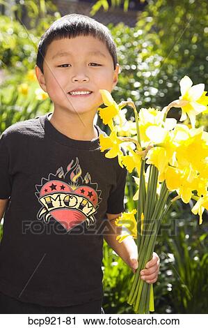 Boy holding daffodils in garden View Large Photo Image Stock Image - Boy holding daffodils in garden. Fotosearch