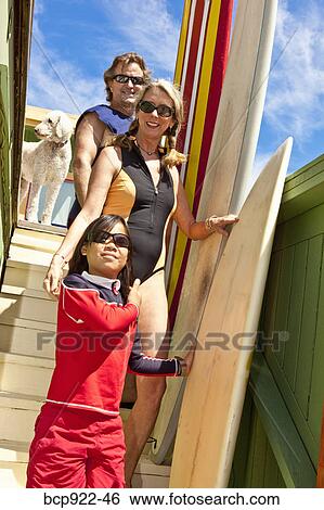 Family with surfboards on stairs View Large Photo Image Stock Photograph - Family with surfboards on stairs. Fotosearch
