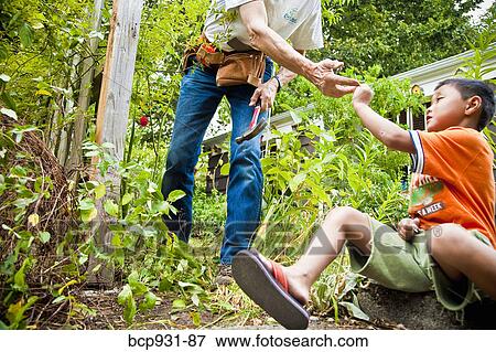 boy helping man repair fence View Large Photo Image Stock Photo - boy helping man repair fence. Fotosearch