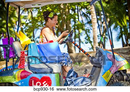 Woman shopping with golf cart in mexico View Large Photo Image Stock Photograph - Woman shopping with golf cart in mexico. Fotosearch