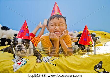 festive boy and dog on bed View Large Photo Image Stock Photo - festive boy and dog on bed. Fotosearch