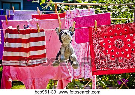 Laundry and stuffed dog hanging on outdoor lines View Large Photo Image Stock Photo - Laundry and stuffed dog hanging on outdoor lines. Fotosearch