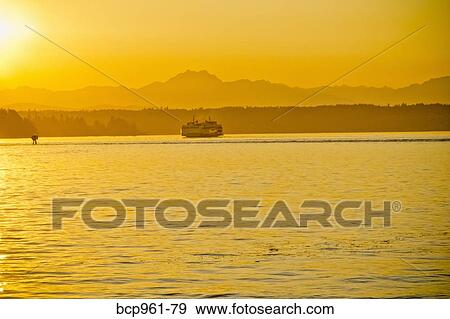 Washington state ferry at sunset with Olympic mountains View Large Photo Image Stock Photo - Washington state ferry at sunset with Olympic mountains. Fotosearch