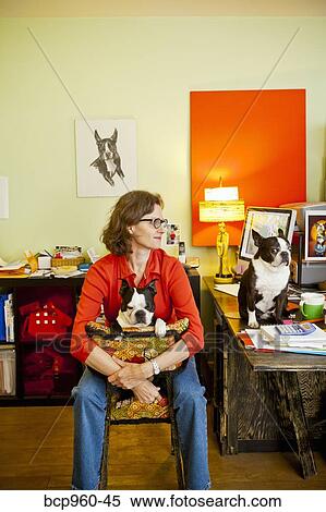 Woman at home office desk with dogs View Large Photo Image Stock Photography - Woman at home office desk with dogs. Fotosearch