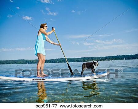 Stock Photo - Woman on paddle board with dog. Fotosearch