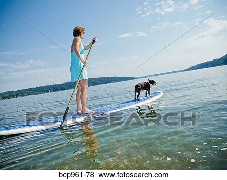 Stock Photo - Woman on paddle board with dog. Fotosearch