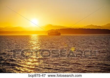 Ferry on puget sound at sunset View Large Photo Image Stock Photo - Ferry on puget sound at sunset. Fotosearch