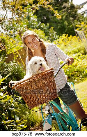 Stock Photo - Teen girl on bike with dog in basket. Fotosearch