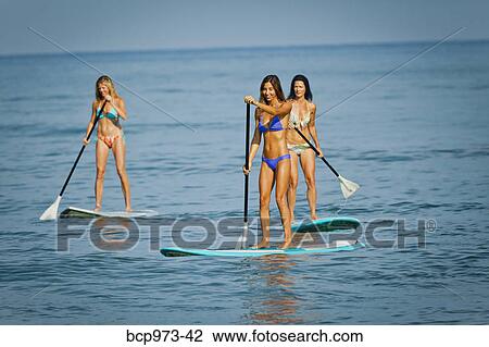 Three women on paddle boards View Large Photo Image Stock Image - Three women on paddle boards. Fotosearch