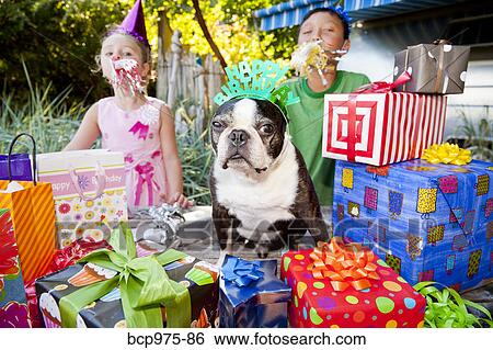 Stock Photograph - Two children and dog at outdoor birthday party. Fotosearch