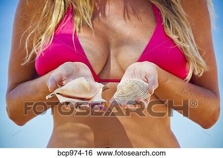 Stock Photograph - Woman in bikini holding shells. Fotosearch