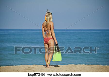 Woman walking on beach carrying swim fins View Large Photo Image Stock Photograph - Woman walking on beach carrying swim fins. Fotosearch
