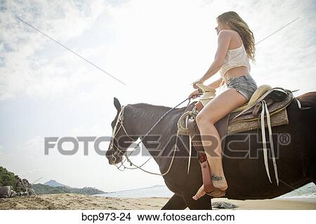 Young woman riding horse on beach View Large Photo Image Picture - Young woman riding horse on beach. Fotosearch