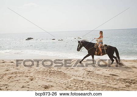 Stock Photograph - Young woman riding horse on beach. Fotosearch