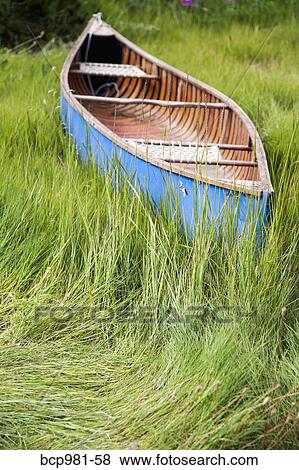 Blue canoe resting in tall grass View Large Photo Image Stock Photo - Blue canoe resting in tall grass. Fotosearch