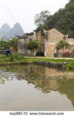 Stock Photography - "Karst mountains and temple reflected in a village rice paddy, Yangshuo, China". Fotosearch