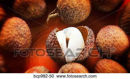 Stock Image - Lychee fruit with the shell split open. Fotosearch
