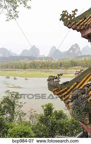 "View of Li River from a temple rooftop, Yangshuo, China" View Large Photo Image Stock Photo - "View of Li River from a temple rooftop, Yangshuo, China". Fotosearch