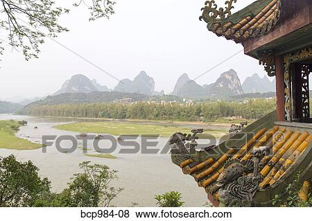 "View of Li River from a temple rooftop, Yangshuo, China" View Large Photo Image Stock Photo - "View of Li River from a temple rooftop, Yangshuo, China". Fotosearch