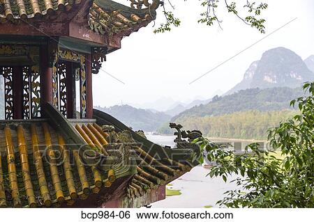 "View of Li River from a temple rooftop, Yangshuo, China" View Large Photo Image Stock Photograph - "View of Li River from a temple rooftop, Yangshuo, China". Fotosearch