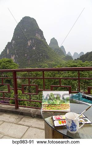 "Watercolor materials on a patio overlooking the Karst mountains, Yangshuo, China" View Large Photo Image Stock Image - "Watercolor materials on a patio overlooking the Karst mountains, Yangshuo, China". Fotosearch