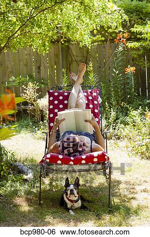 Stock Photograph - Woman with rollers in her hair reads in her garden with a Boston Terrier. Fotosearch