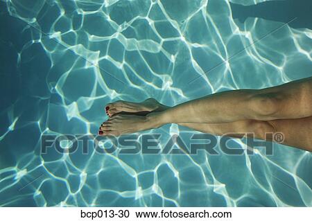 Stock Image - Overhead view of a Caucasian woman's legs underwater. . Fotosearch