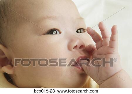 Close-up of a baby sucking his thumb. View Large Photo Image Stock Image - Close-up of a baby sucking his thumb. . Fotosearch
