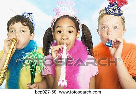 Stock Photo - Boys and girl in party hats. Fotosearch