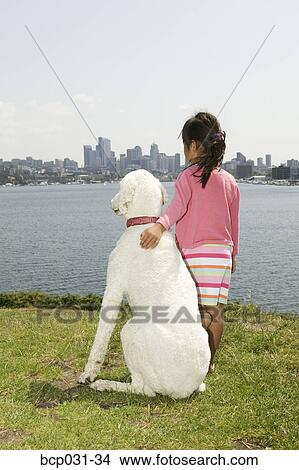 Rear view of girl hugging big dog View Large Photo Image Picture - Rear view of girl hugging big dog. Fotosearch