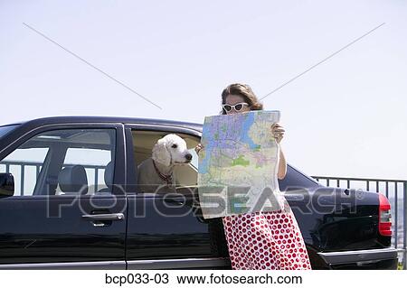 Stock Image - Woman with dog reading map. Fotosearch