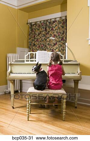 Stock Image - Dog watching girl play piano. Fotosearch