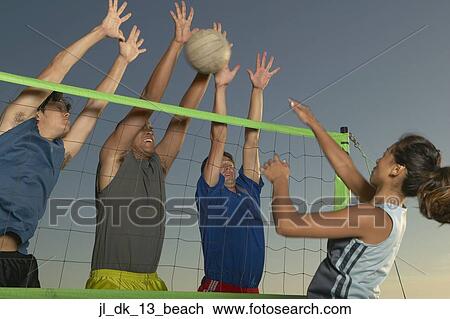 Young men jumping with their hands raised over a volley ball net View Large Photo Image Stock Image - Young men jumping with their hands raised over a volley ball net. Fotosearch