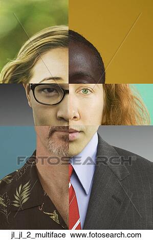 Stock Image - Portrait of a person's face with assorted sections of facial features superimposed. Fotosearch