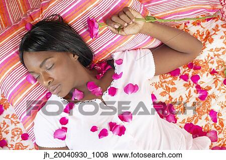 High angle view of a young woman lying on a bed with roses petals on her View Large Photo Image Stock Photo - High angle view of a young woman lying on a bed with roses petals on her. Fotosearch