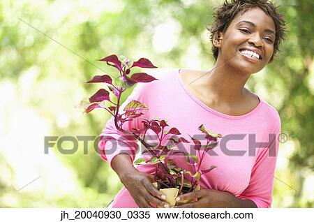 Young woman holding a plant smiling View Large Photo Image Stock Photography - Young woman holding a plant smiling. Fotosearch
