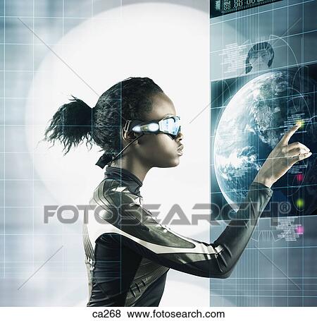 Side profile of a young woman using a visual screen View Large Photo Image Stock Photo - Side profile of a young woman using a visual screen. Fotosearch