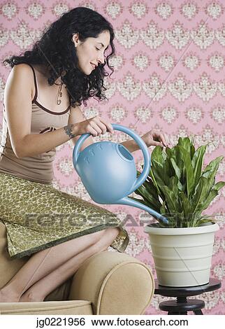Stock Photograph - Young woman watering house plant. Fotosearch