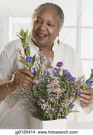 Senior woman arranging flowers View Large Photo Image Picture - Senior woman arranging flowers. Fotosearch