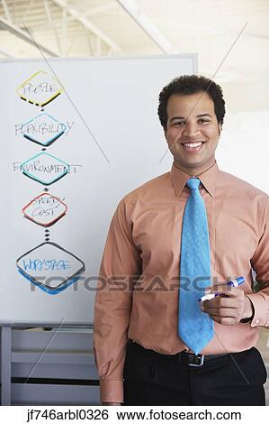 Stock Photograph - African American businessman in front of white board with chart. Fotosearch