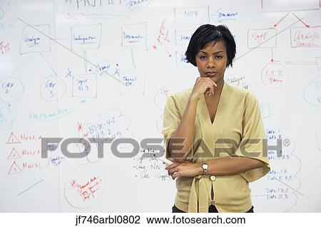 Stock Image - African American businesswoman standing in front of whiteboard wall. Fotosearch