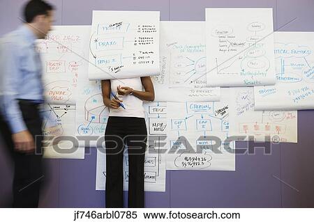 Stock Photography - Coworkers goofing around in office with wall charts. Fotosearch