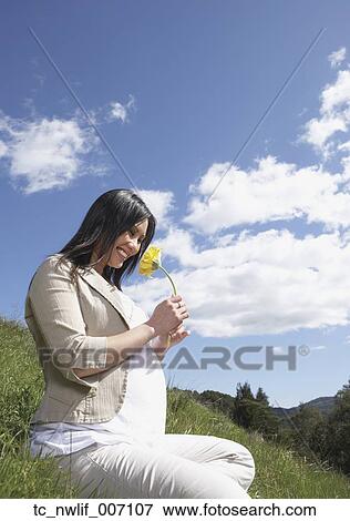 Pregnant Asian woman holding flower outdoors View Large Photo Image Stock Photo - Pregnant Asian woman holding flower outdoors. Fotosearch