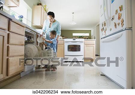 Mother and young son putting dishes in dishwasher View Large Photo Image Picture - Mother and young son putting dishes in dishwasher. Fotosearch