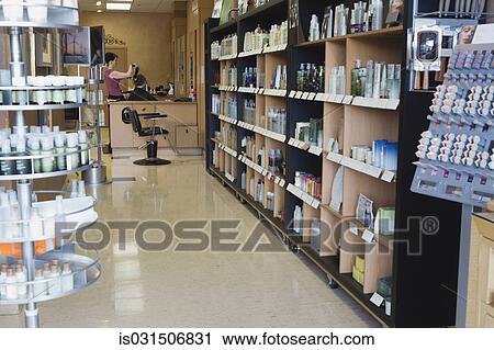 Stock Image - Shelves of product in beauty salon. Fotosearch
