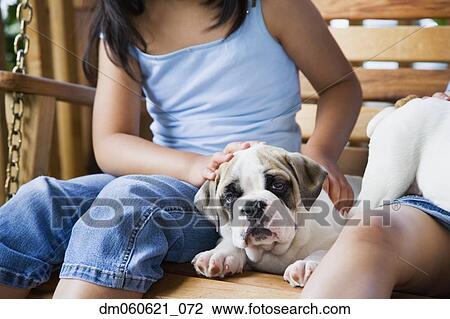 Girl petting puppy on porch swing View Large Photo Image Stock Image - Girl petting puppy on porch swing. Fotosearch